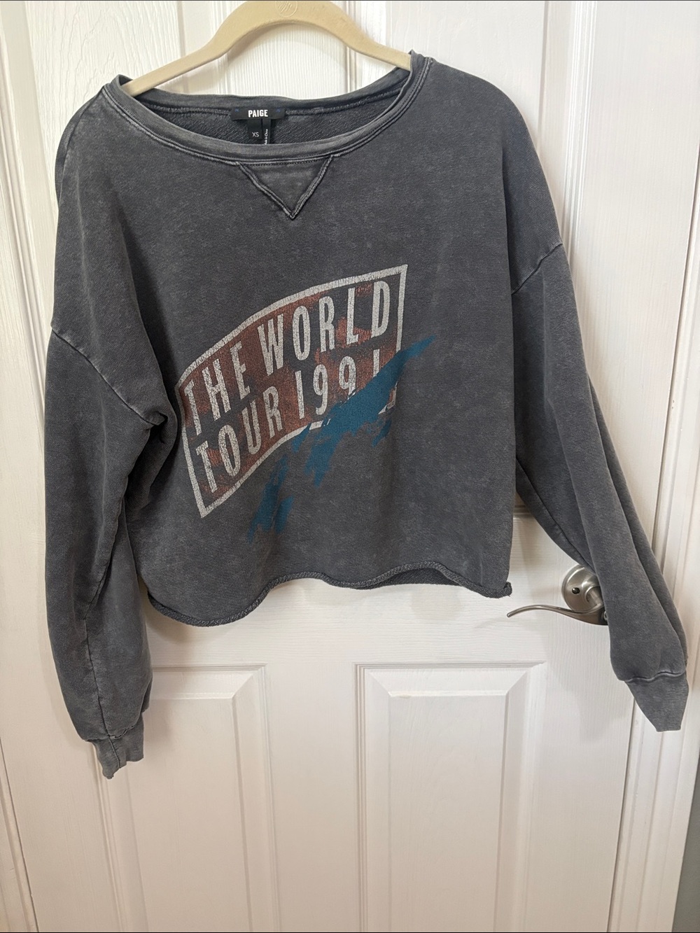 PAIGE Charcoal Graphic Cropped Sweatshirt with Blue Accent